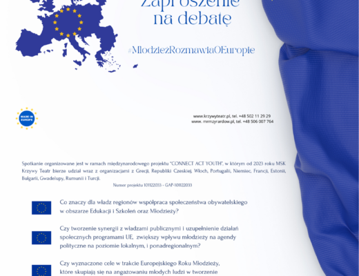 Grafika w formie zaproszenia na debatę o Unii Europejskiej, prawa strona fragment falagii UE , po srodku kontryry i zarys Europy, poniżej tekstu wstęga w barwach flagi polskiej
